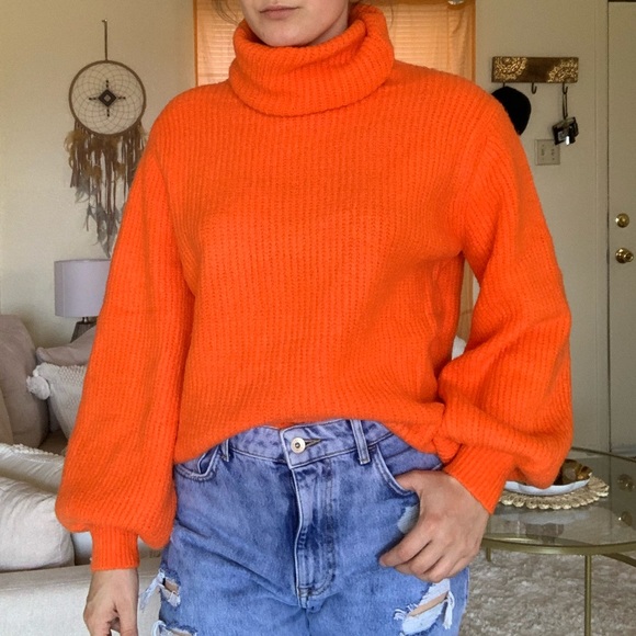 Zulily Sweaters - Zulily neon orange balloon sleeve turtle neck